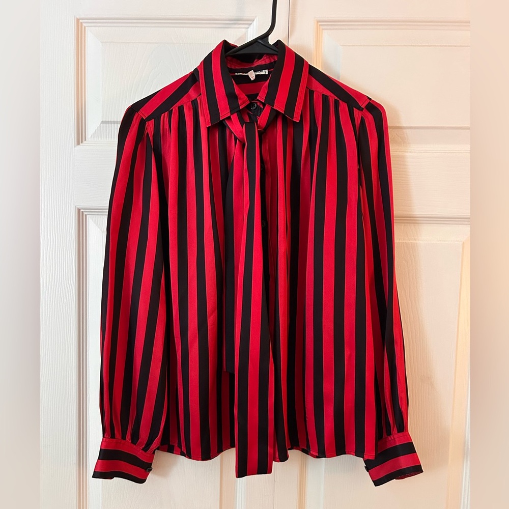 Saint Laurent Rive Gauche Red and Black Striped Silk Blouse
